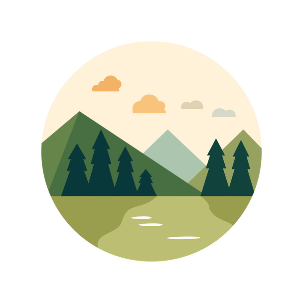 a mountainous landscape with trees Nature's leaves in a circular pattern with a white background using vector illustration art  - Вектор,изображение