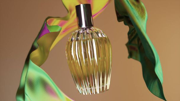Beauty concept. Perfume bottle on abstract beige background. Pieces of silk fabric fly around the bottle. High quality 3d illustration - 写真・画像