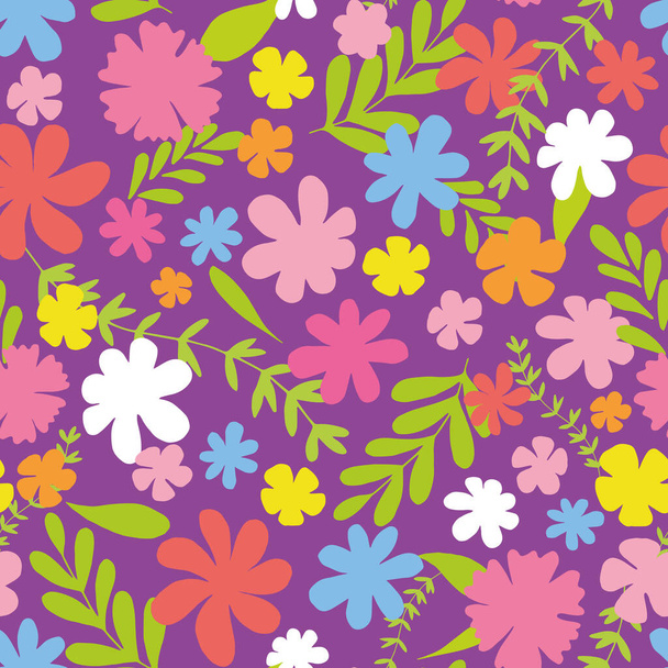 Lila helle und farbenfrohe florale nahtlose Vektormuster. Florales Vektormuster mit bunten Blüten und Blättern. Fröhliches Sommerdesign - Vektor, Bild