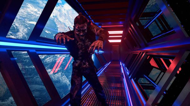 Avaruuskauhuelokuvakonsepti. Realistinen zombi kävelee avaruusaluksen neonkäytävän läpi. Maa-planeetta taustalla. 3D-animaatio. Olen pahoillani. Laadukas 3D-kuva - Valokuva, kuva