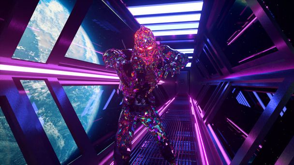 Űrhorror film koncepció. Diamond Zombie végigsétál az űrhajó neon folyosóján. A Föld bolygó a háttérben. Kiváló minőségű 3d illusztráció - Fotó, kép