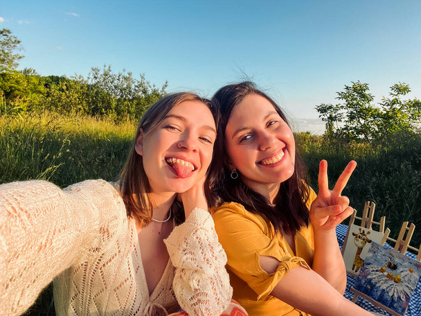 Deux amis prennent un selfie sur une couverture bleue pour un pique-nique en plein air - Photo, image