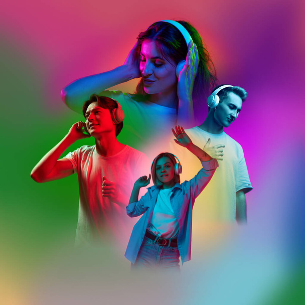 Composite image with excited happpy youth, girls and boys listening to music and dancing on gradient neon background. Dance, party, emotions, hobbies concept - Photo, Image
