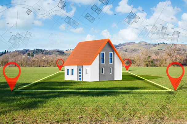 Gestione del terreno - concetto immobiliare con un appezzamento di terreno vacante disponibile per la costruzione di edifici - concetto di abitazione con un modello di casa - Foto, immagini