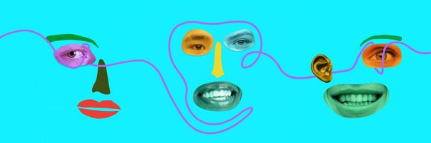 Menschliche Gesichter, Mimik aus verschiedenen Gesichtsteilen. Collage zeitgenössischer Kunst. Konzept von Vielfalt, Selbstausdruck, Emotionen. Leuchtende Neonfarben. Horizontales Banner - Foto, Bild