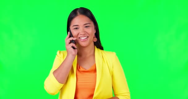 Green screen, phone call and Asian business woman talking in a mobile conversation as communication or networking. Happy, professional and young employee listening to internet audio message online. - Footage, Video