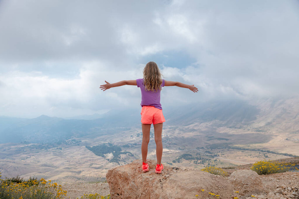 Joyful teen girl with raised up hands. Enjoying gorgeous view on high mountains. Happy summer vacation. - 写真・画像