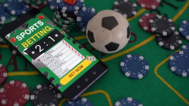 Gambling online casino Internet betting concept green screen. smartphone with poker chips, dice. Jackpot, casino chips. High quality photo - Footage, Video