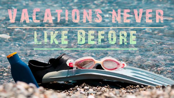 Vacations never like before. Glasses palette and sunscreen concept on the beach - Photo, Image