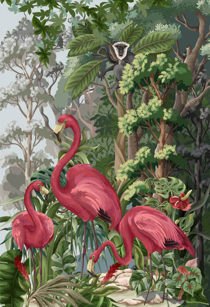 Flamingos im tropischen Wald. Vektor - Vektor, Bild