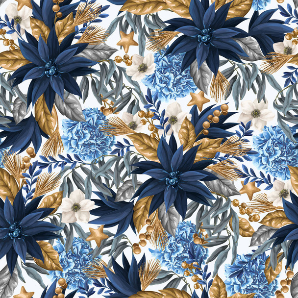 Seamless pattern with blue poinsettia and gold elements. Vector - Вектор, зображення
