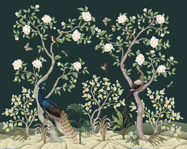 Chinoiserie τοιχογραφία με παγώνια και λουλούδια δέντρα. Διάνυσμα - Διάνυσμα, εικόνα