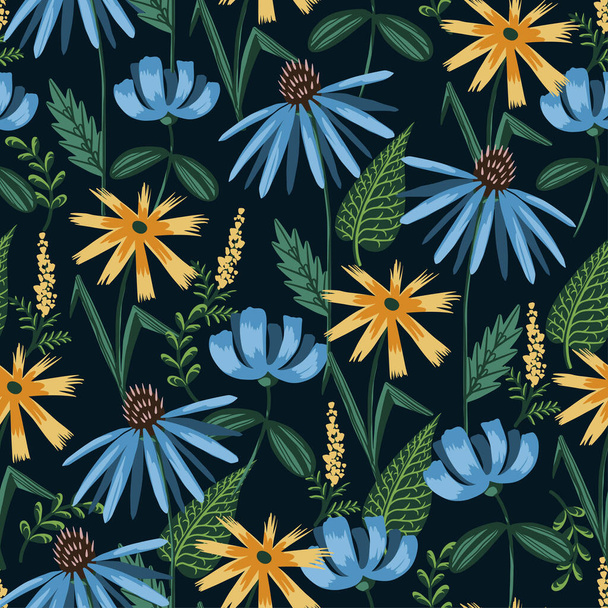 Seamless pattern with simple wild flowers. Vector - Вектор,изображение