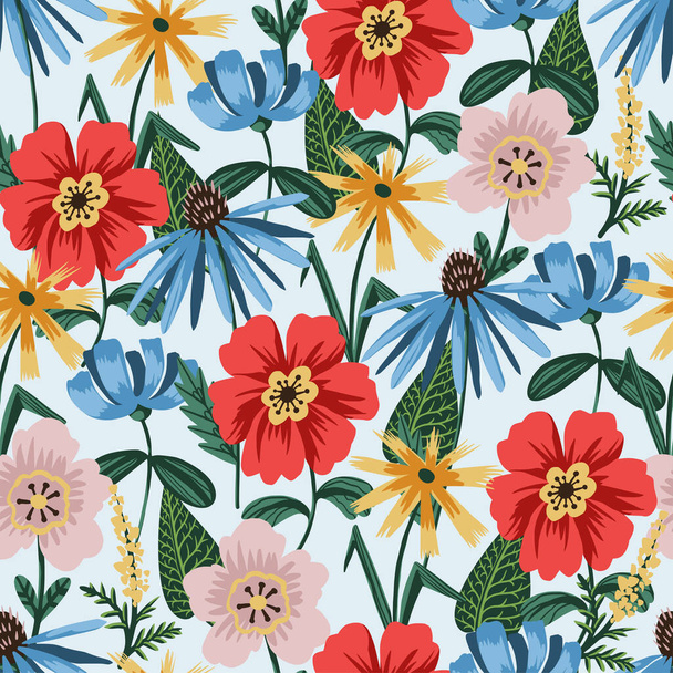 Seamless pattern with simple wild flowers. Vector - ベクター画像