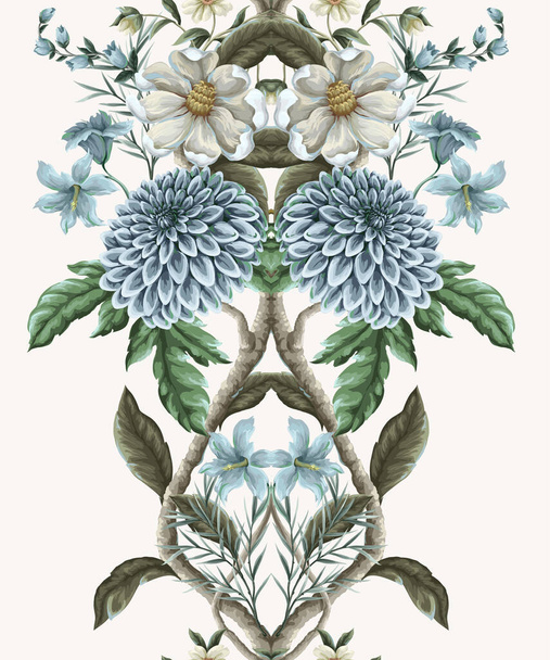 Seamless pattern with dahlia and magnolia flowers. Vector - Vettoriali, immagini