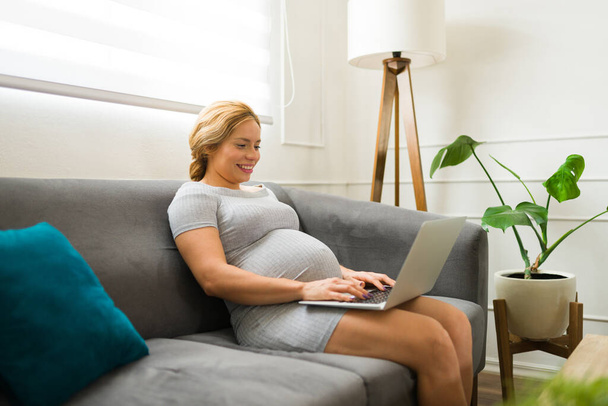 Portret van een schattige jonge zwangere vrouw met behulp van een laptop computer in de woonkamer en glimlachen - Foto, afbeelding