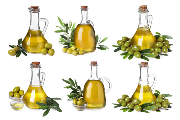 Collage with bottles of cooking oil and olives isolated on white - Foto, imagen
