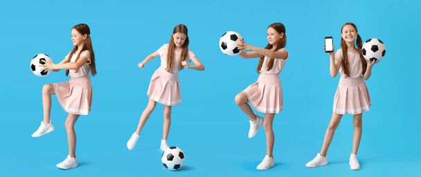 Joukko pieni tyttö jalkapallo pallo vaaleansininen tausta - Valokuva, kuva
