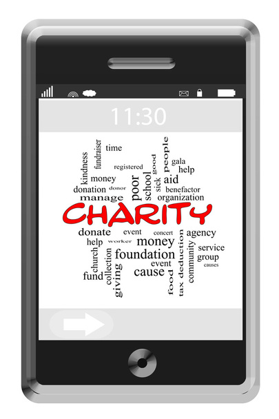 Concepto de nube de palabras de caridad en un teléfono con pantalla táctil
 - Foto, Imagen