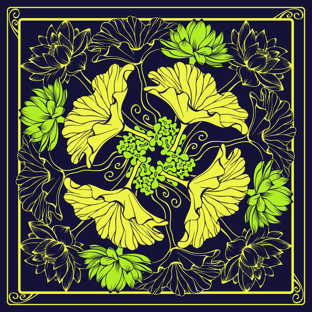 Botanical square pattern with lotuses and leaves. Hand-drawn silhouettes of lake flowers. The yellow line on dark blue. The Scarf pattern design. Floral Bandana. Lotus, lily. Vector illustration. - Vektori, kuva