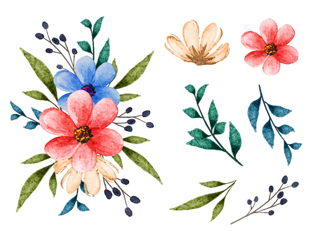 Kasvitieteellinen joukko kukkia ja lehtiä, akvarelli kukka kukkakimppu eristää tausta - Vektori, kuva