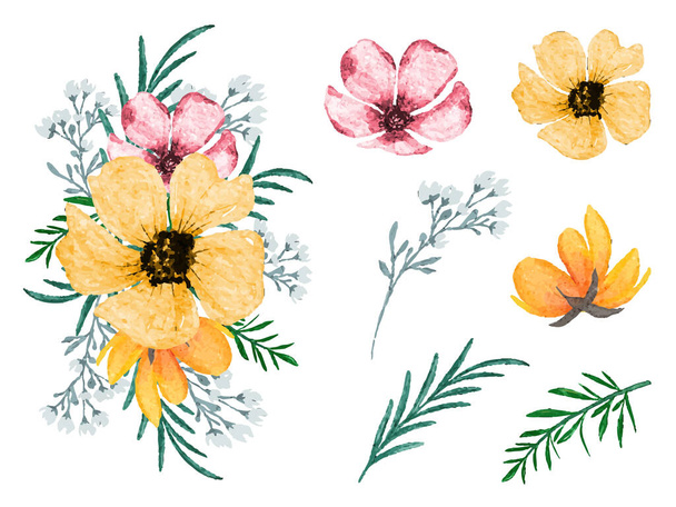 Υδατογραφία λουλούδι μπουκέτο εικονογράφηση με μεμονωμένα λουλούδια και φύλλα - Διάνυσμα, εικόνα