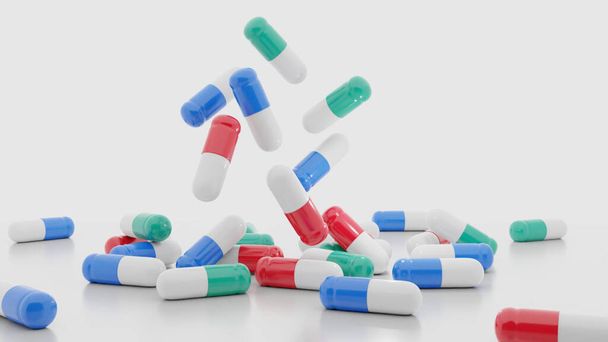 Medicijn capsules in wit, rood, blauw, groen vallen op de vloer, 3d weergave op witte achtergrond - Foto, afbeelding