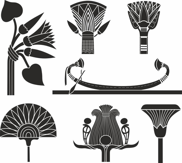Wektor czarny monochromatyczny zestaw starożytnych znaków i symboli egipskich. Kwiat lotosu - Wektor, obraz