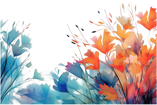 Φθινόπωρο σχεδιασμός φόντου με υφή βούρτσας νερομπογιάς, ζωγραφισμένα στο χέρι λουλούδια και βοτανικά φύλλα. - Διάνυσμα, εικόνα