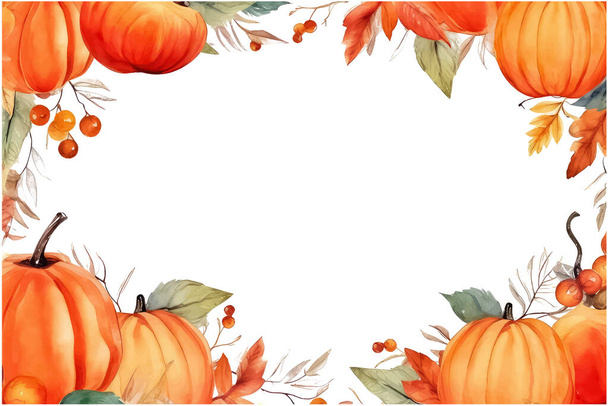 watercolor autumn frame with pumpkins and vines, leaves and place for text. - ベクター画像