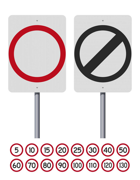 Vektorillustration der australischen Geschwindigkeitsbegrenzungsschilder auf einem Metallmast (leicht editierbare Zahlen)) - Vektor, Bild