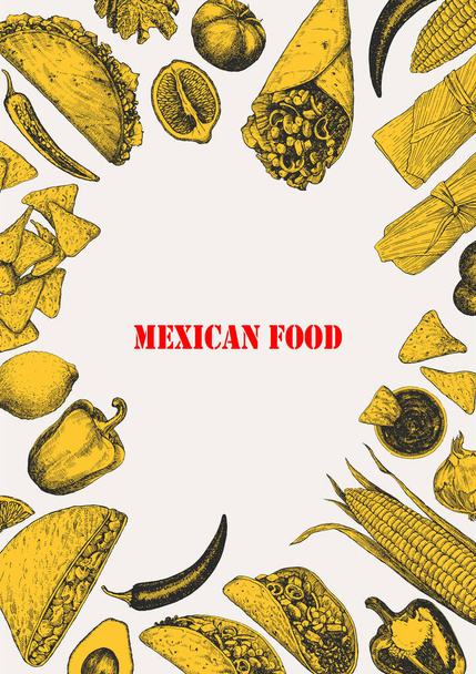 Mexican Food. Menu. Hand-drawn illustration of dishes and products. Ink. Vector - Vector, Imagen