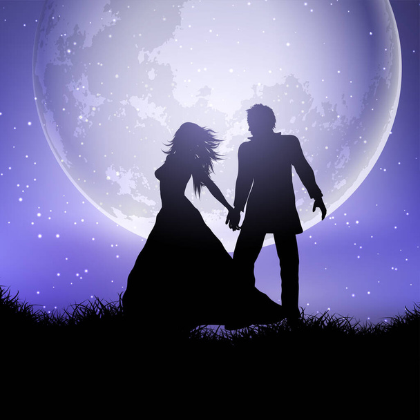 Love tenderness and romantic feelings concept. Young loving smiling Couple in love under the moon. feeling in love vector illustration - Photo, image