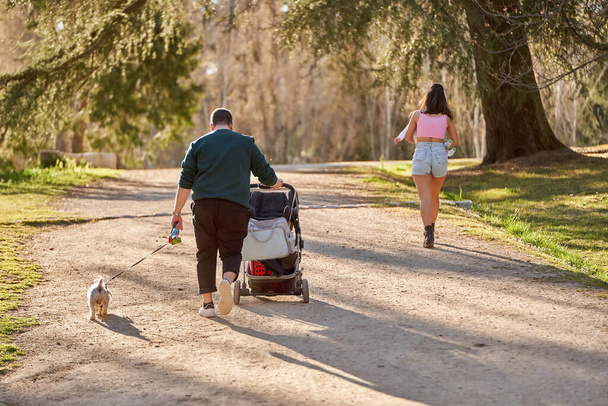 νεαρό ζευγάρι περπατά με το μωρό και το σκύλο τους το απόγευμα στο πάρκο - Φωτογραφία, εικόνα