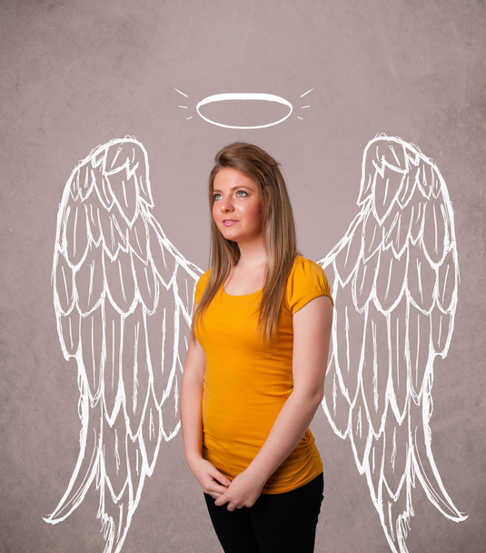 Cute girl z aniołem ilustrowane skrzydła - Zdjęcie, obraz