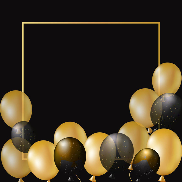 Festive design with realistic gold and black balloons, shiny confetti. On dark background. Stylish poster, cover, banner, website, mobile app, for greeting card or party invitation - Photo, Image