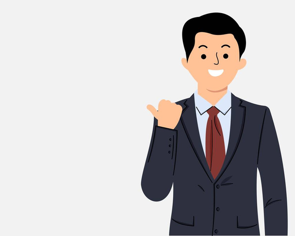 entusiasta hombre de negocios apuntando con el dedo hacia la izquierda o sonriente hombre corporativo mostrando publicidad de pie en traje sobre fondo blanco - Vector, imagen