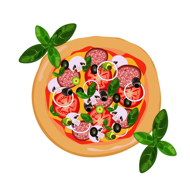 italian pizza with salami and vegetables. vector isolated on white. - Vektör, Görsel