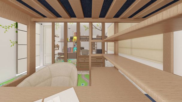 Dormitorio para niños con mesa de estudio compacta y almacenamiento 3D renderizado - Foto, imagen