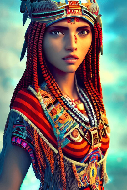 Красивая ацтекская девушка в национальной одежде. Векторная иллюстрация - Вектор,изображение