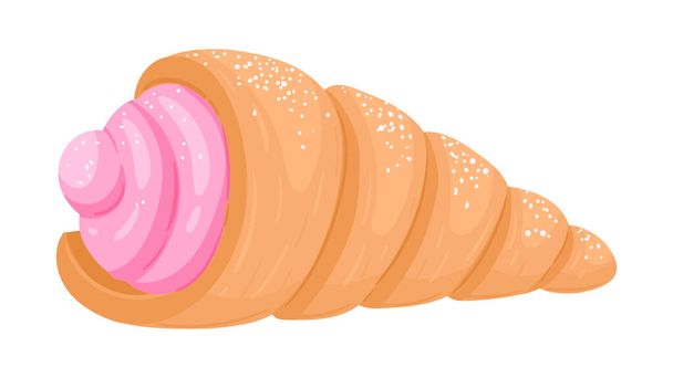 Puff pastry cream horn. Cartoon italian cream stuffed cannoncini, sweet cream homemade horn flat vector illustration - Vector, Image