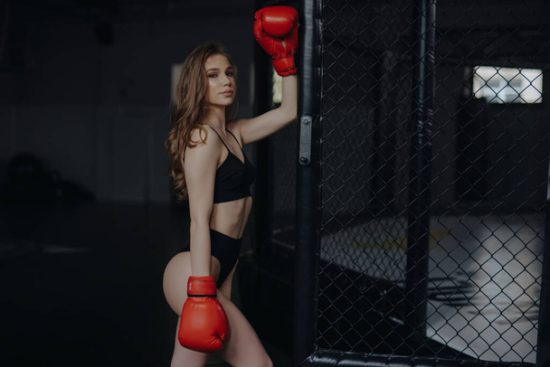 Sexy woman boxer in bra and panties posing at the box club - Фото, изображение