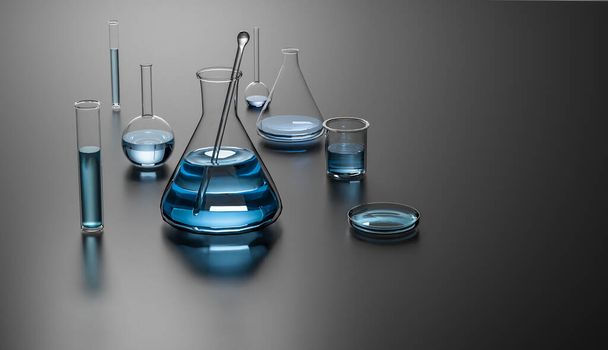 3D иллюстрация различных лабораторных колб и измерений с голубой жидкостью, стеклянные контейнеры на зеркальном столе, копировальное пространство, горизонтальный вид, подсветка - Фото, изображение