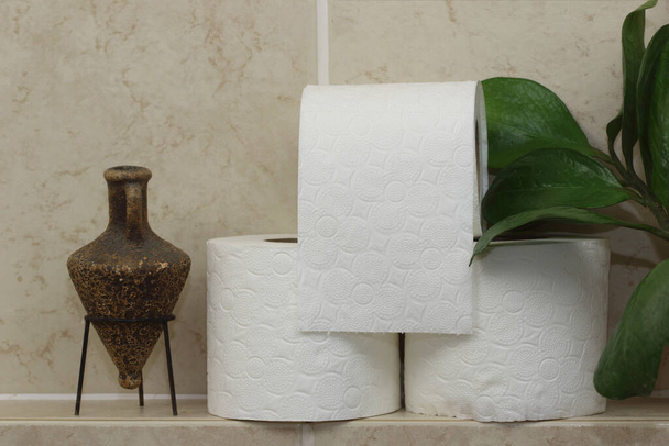 papel higiénico e papel higiénico rolos, papel higiénico rolo na parede. - Foto, Imagem