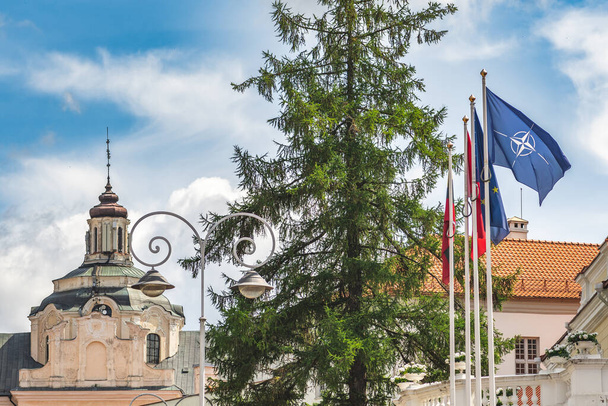 NATO 、北大西洋条約機構、欧州連合、リトアニアの旗は、 2023年のNATO首脳会議の間にリトアニアの首都ヴィリニュスの中心部、ヨーロッパ - 写真・画像