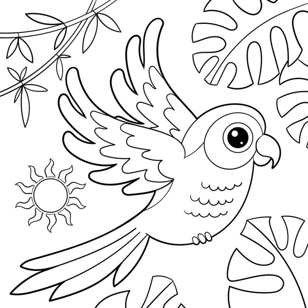 Cute cartoon macaw parrot. Black and white linear drawing. For children's design of coloring books, prints, posters, stickers, postcards and so on. Vector - Вектор,изображение