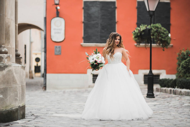 Beautiful fashion bride in wedding dress posing. - Fotoğraf, Görsel