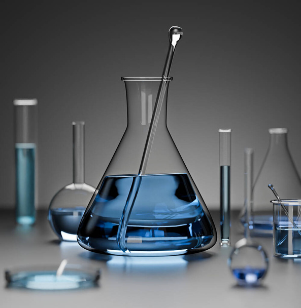 3D ilustracja różnych kolb laboratoryjnych i pomiarów z niebieskim płynem, szklane pojemniki na stole lustrzanym, przestrzeń do kopiowania, widok poziomy, podświetlone światło - Zdjęcie, obraz