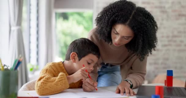 Homework, learning and help with mother and son for homeschooling, research and math. Education, study and teaching with woman and kid in family home for child development, writing and knowledge. - Filmagem, Vídeo