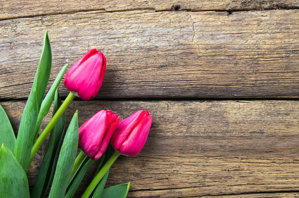 pink tulips on old wooden background - Photo, Image